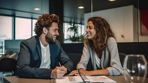 un couple dans agence bancaire se sourient avant de signer leur prêt immobilier