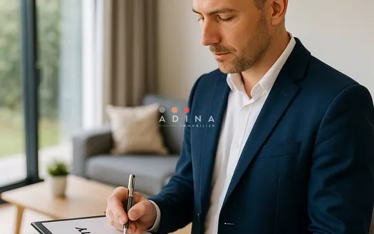 Personne consultant des documents immobiliers dans un salon moderne.