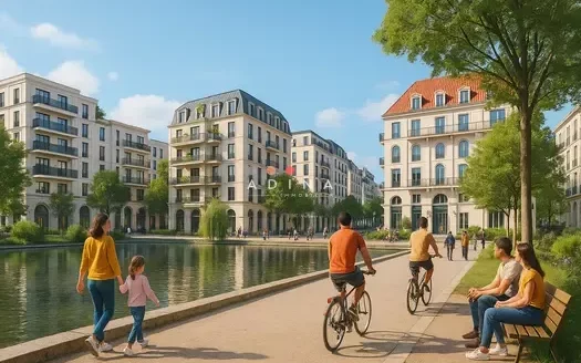 Personnes se promenant dans un quartier résidentiel moderne au bord de l'eau.