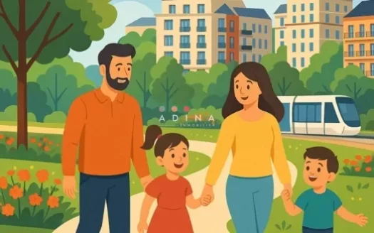 Illustration d'une famille se promenant dans un parc urbain avec des immeubles en arrière-plan.