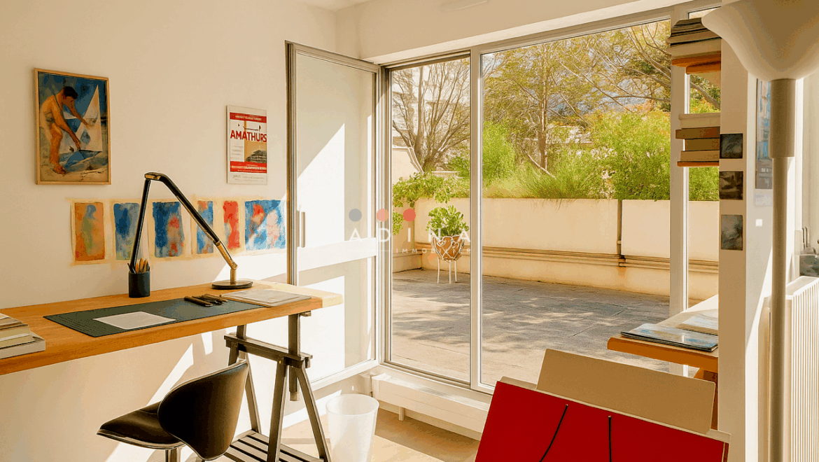 Bureau lumineux avec vue sur une terrasse verdoyante.