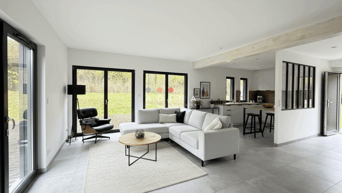 Intérieur moderne et lumineux d'un salon avec cuisine ouverte.