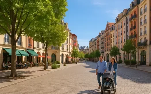 Rue pavée bordée d'immeubles colorés à Le Plessis-Robinson.