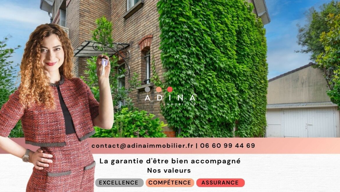 Agent immobilier devant une maison à Sceaux, avec coordonnées de contact et valeurs de l'agence en bas.