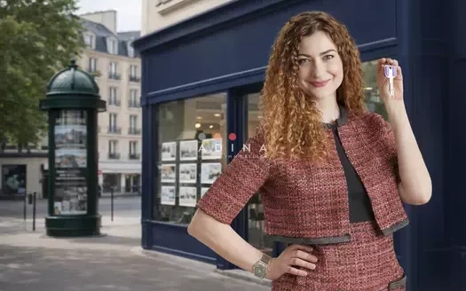 Personne tenant une clé devant une agence immobilière.