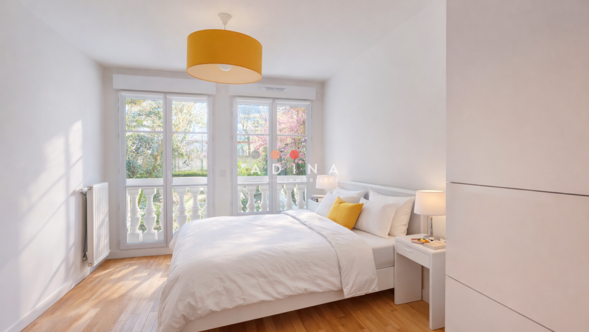 Chambre lumineuse avec lit double et grande fenêtre.