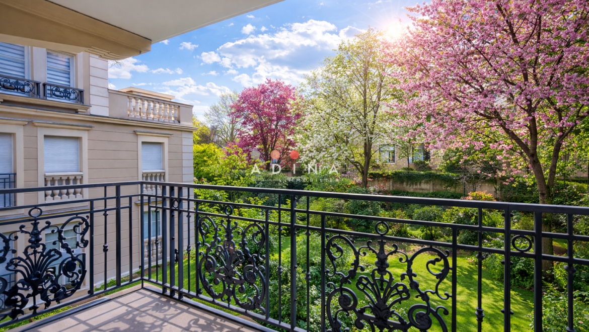Balcon avec vue sur jardin et arbres en fleurs.
