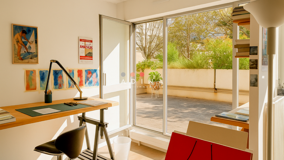 Bureau lumineux avec baie vitrée et terrasse verdoyante.