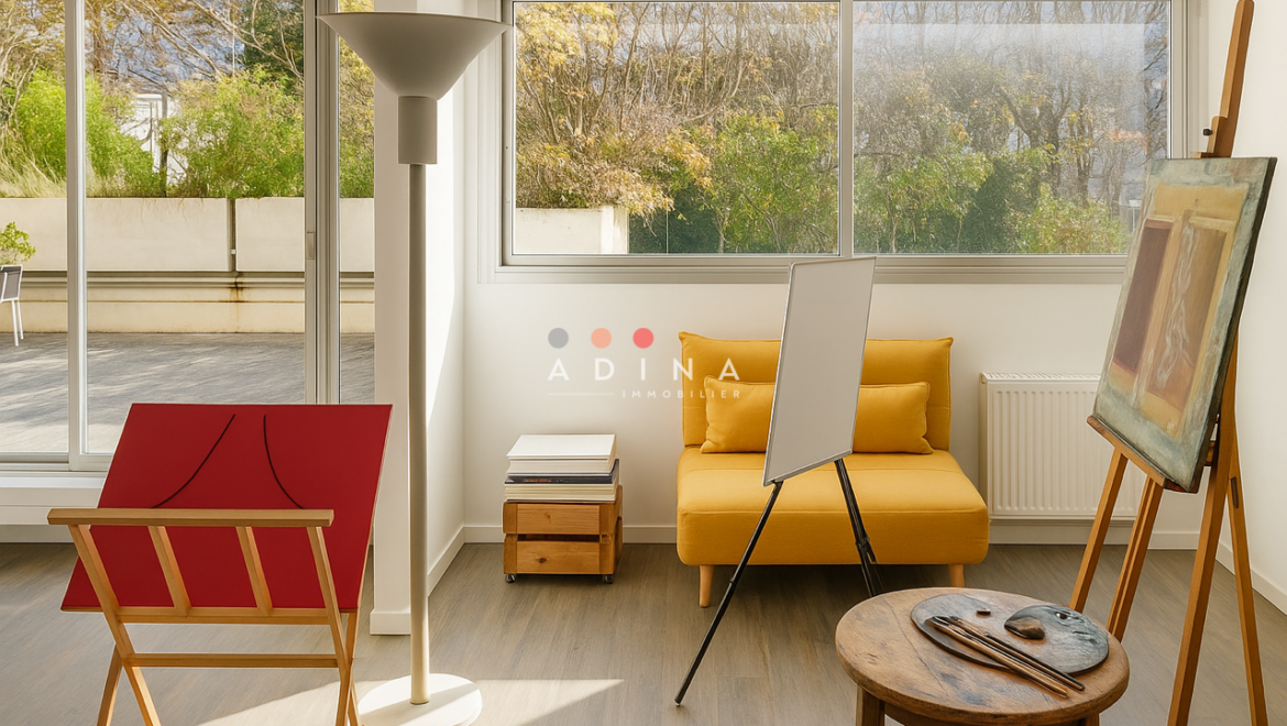 Atelier lumineux avec canapé jaune et grandes fenêtres.