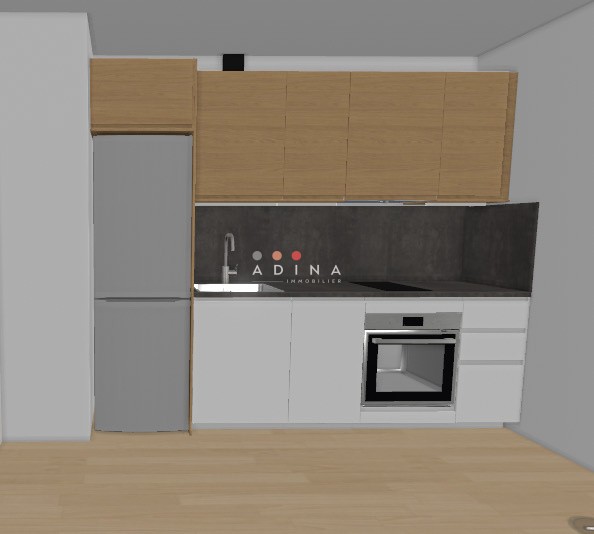 Cuisine moderne avec appareils électroménagers intégrés.