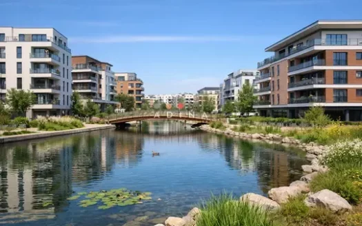 Immeubles modernes autour d'un étang avec un pont au Plessis-Robinson.