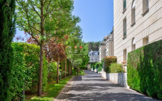 Allée bordée d'arbres et d'immeubles résidentiels.